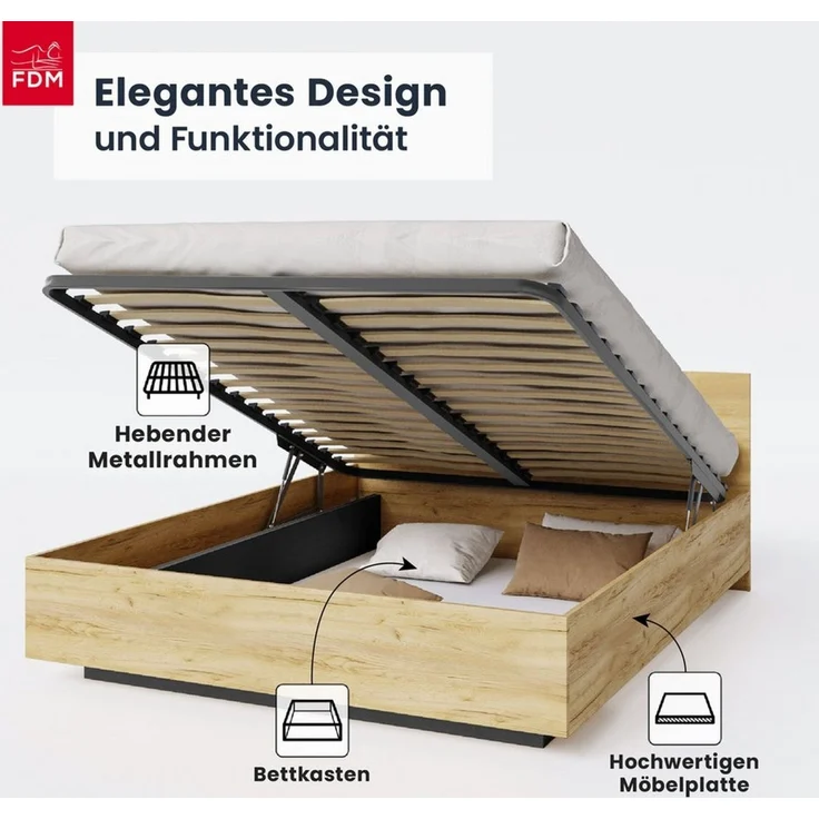 FDM Stauraumbett Bett Stauraumbett PERU Bettgestell 90x200, 140x200 & weitere Größen (verfügbar 90x200 120x200 140x200 160x200 180x200cm, Bettrahmen, Bett, mit großen Kopfteil, mit Bettkasten zum aufklappen), mit/ohne Matratze – Bild 2