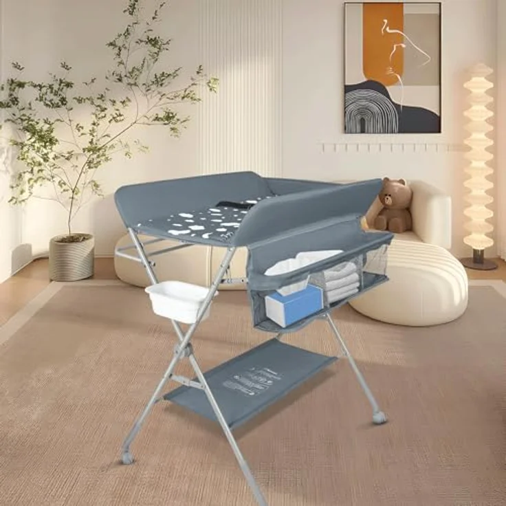 Baby Klappbarer Wickeltisch，Mobiler Wickeltisch mit Rollen und Wickelauflage,Wasserdicht und Höhenverstellbar，Baby Wickelkombi mit Ablagefächern-80 * 58 * 90 cm-dunkelgrau – Bild 7
