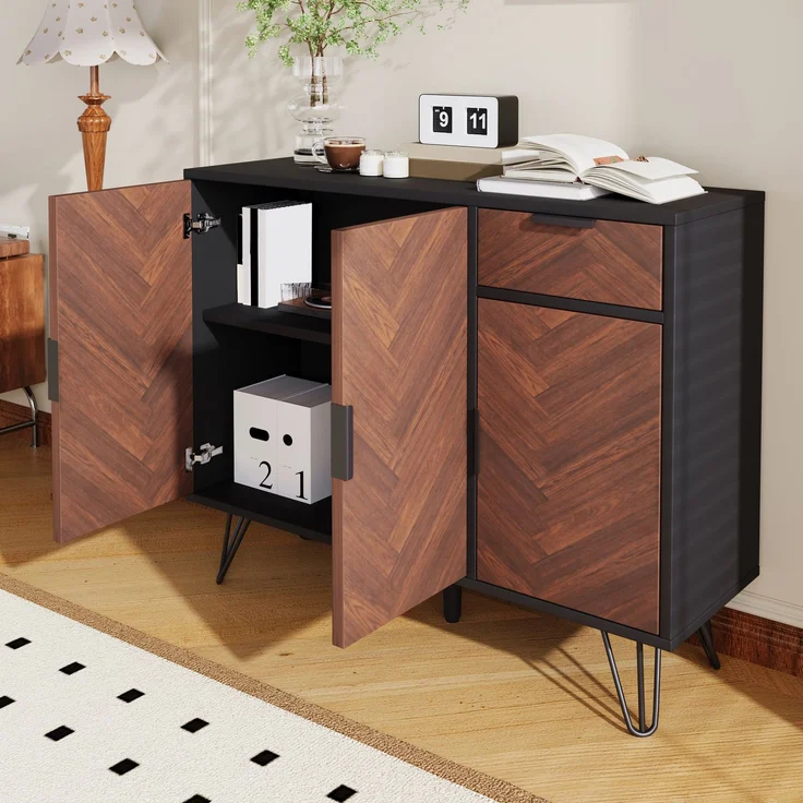Merax Moderner Aufbewahrungsschrank, Sideboard in Schwarz und Holzoptik mit Schublade und höhenverstellbaren Einlegeböden (90 x 30 x 71,5 cm) – Bild 5