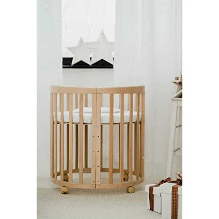 Waldin Oval Babybett Mitwachsend Komplett Set 7in1 - Baby Gitterbett mit Matratze - Babybetten mit Wickelkommode - Baby Bett mit Rollen - Mitwachsendes Kinderbett - Baby Bed - Beistellbett Holz – Bild 9