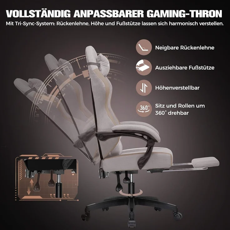 GTPLAYER Gaming Stuhl Ergonomischer, PC Stuhl Atmungsaktiver Stoff, Groß und Hoch Drehbarer Schreibtischstuhl mit Fußstütze,Verstellbare Lendenwirbelstütze und Kopfstütze,Hellbraun – Bild 4