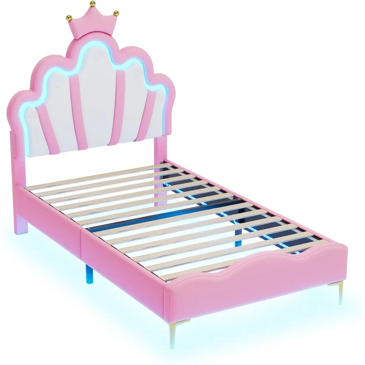 U-life Prinzessinnenbett 90x200 cm Einzelbett Kinderbett Jugendbett mit Kronen-Kopfteil, LED-Lichtleiste und PU-Bezug, Rosa – Bild 6
