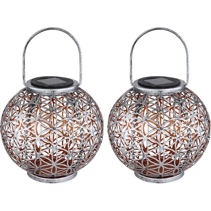 2er Set LED Solarleuchte, Kugel, Geflecht, silber, H 29 cm