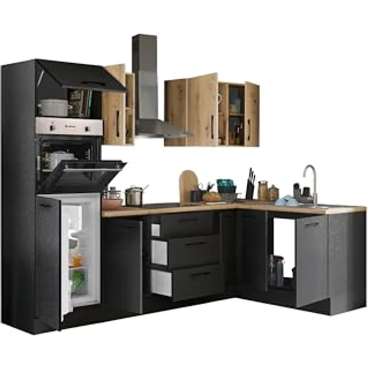 Turin LB Eckküche 270 x 211 x 60 cm, schwarz - Basic Küchengeräte - Moderne, geräumige Küche in Artisan-Eiche Optik mit viel Stauraum – Bild 3