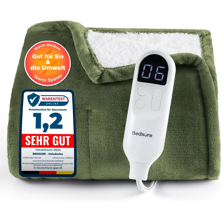 BEDSURE Heizdecke Wärmedecke Elektrische Kuscheldecke - 130x180 cm, Grün | mit Abschaltautomatik, 6 Heizstufen & 10 Stunden Timer, bis zu 8 Stunden Überhitzungsschutz für Home & Office
