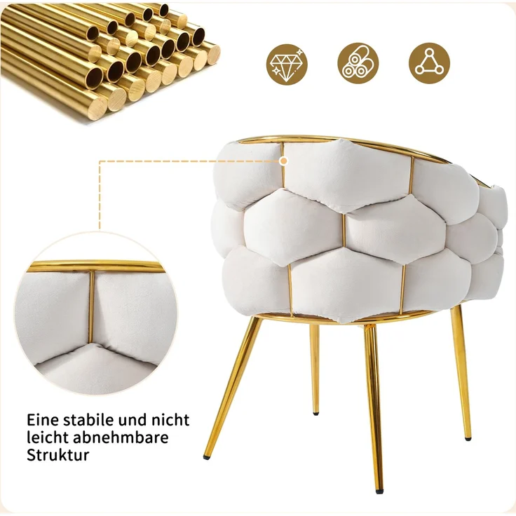 Samtstuhl Beige mit Gold-Rückengestell, gepolsterte Rückenlehne, verstellbare Vorderbeinstützen – Bild 5