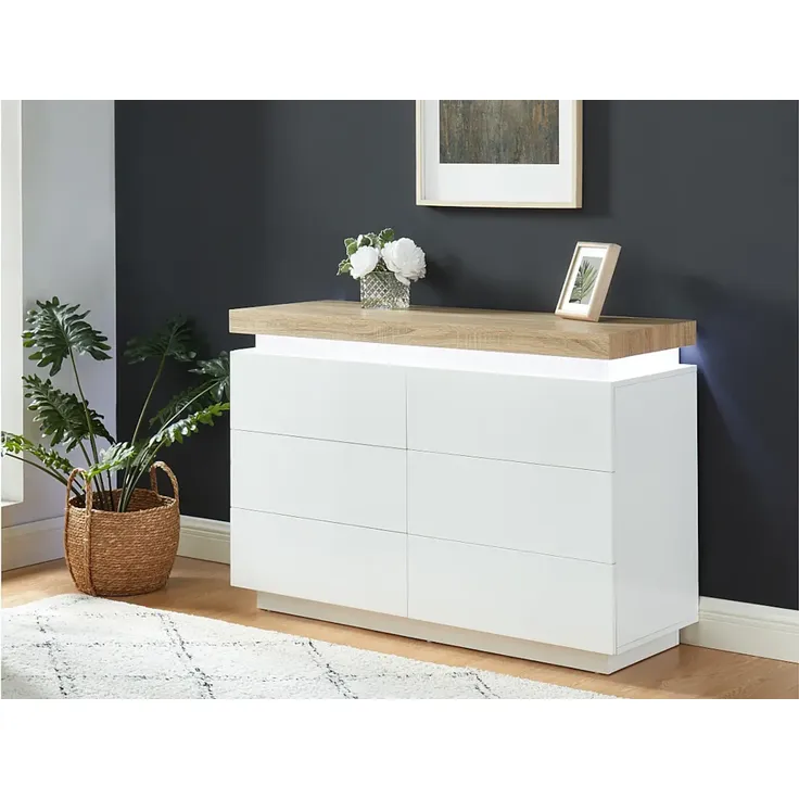 Kommode mit LED-Beleuchtung HALO II - 6 Schubladen - Weiß & Eichefarben