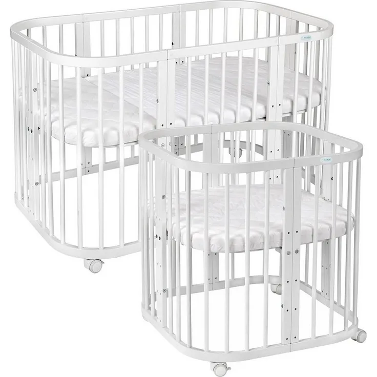 Waldin Babybett aus Holz 7in1 mit Matratze, mitwachsendes Kinder-Bett, belüftet, Boden 5-fach verstellbar, All-Inclusive-Set Holz weiß, Ohne Stoffset