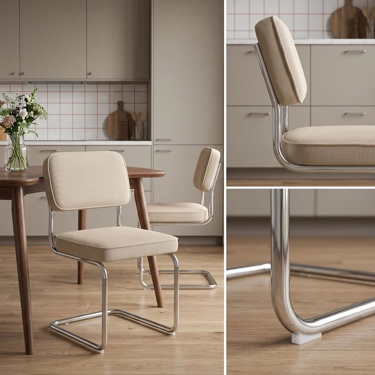 skølm 'Thund' Esszimmerstühle 6er Set, beige, Polsterstuhl aus Cord mit verchromten Metallgestell, Schwingstuhl bis 120 kg belastbar – Bild 5