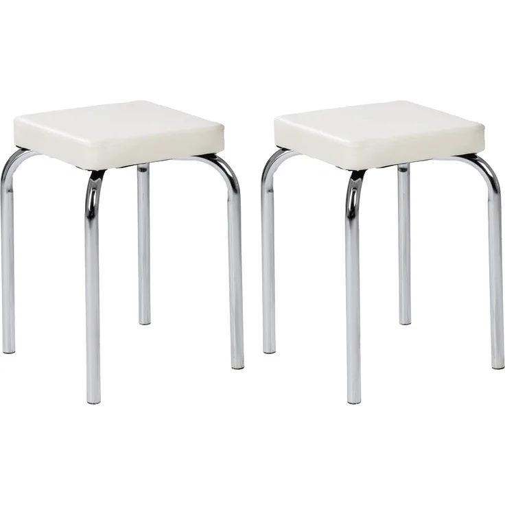 HAKU Sitzhocker Stapelhocker 2er Set PIK, B 36 x H 47 x T 36 cm, Metallgestell Chrom, Kunstleder Weiß, stapelbar