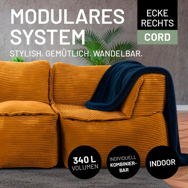 Lumaland Modulares Eckteil rechts - Cord-Reihe | Indoor Sitzsack mit Softer Struktur, ideal Sofa Modulen & zum Pouf | Bean Bag mit Füllung - für Wohnzimmer & Co. - 81 x 81 x 70 cm – Bild 3