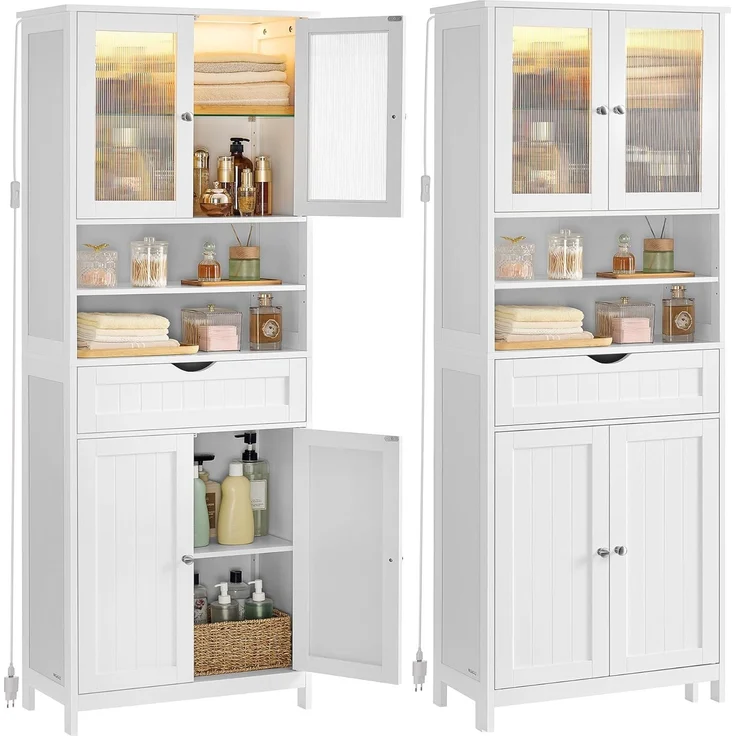 VASAGLE Badezimmerschrank mit LED-Beleuchtung, Badschrank, Aufbewahrungsschrank mit verstellbaren Ablagen, Schublade, offenen Fächern, für Badezimmer, Wohnzimmer, Esszimmer, wolkenweiß BBC767W03 – Bild 1