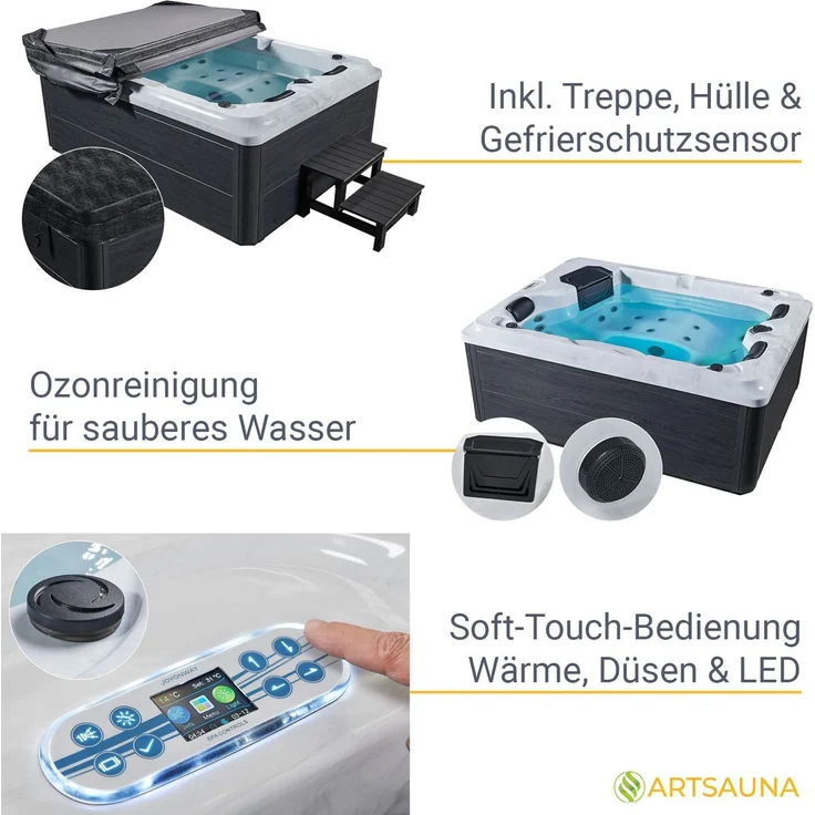 Artsauna Outdoor Whirlpool Oasis mit Treppe - Spa mit Massagedüsen, LED-Beleuchtung, 2 Filter, Abdeckung, Pumpe - Whirlpool winterfest & beheizbar – Bild 4