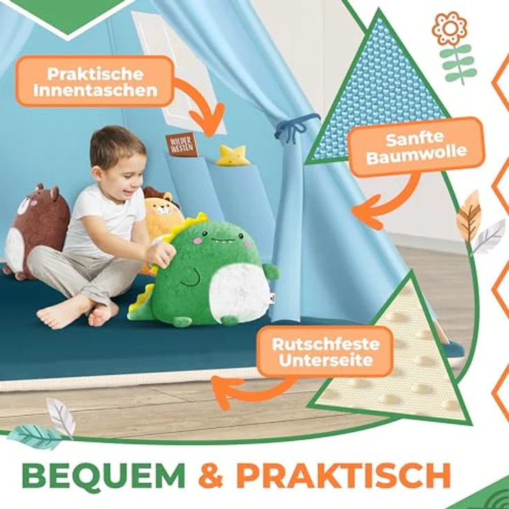 KIDIZ® Tipi Zelt für Kinder Spielzelt 100 x 100 x 160 cm Kinderzelt aus Baumwolle mit LED-Lichterkette, Leuchtstern, Fahnengirlande, 3 Plüschtiere, Untermatte & Tragetasche Spielhaus für drinnen & draußen Blau – Bild 6