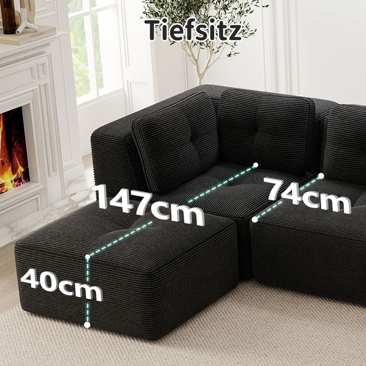 EINHOM Modulares und konfigurierbares Ecksofa, zweisitziges, rahmenloses L-förmiges Sofa mit beweglicher Fußstütze, bequemer Cordstoff, geeignet für Wohn- und Schlafzimmer, Schwarz – Bild 5