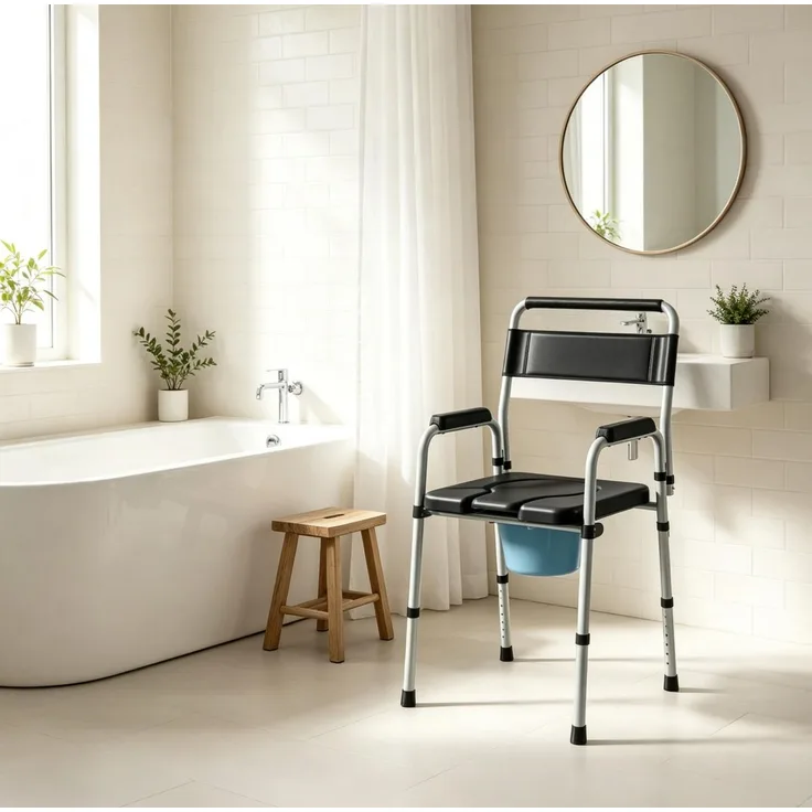 Toilettenstuhl aus Stahl und Kunststoff, klappbar und höhenverstellbar, 52,5x46x81,5–97 cm, Schwarz