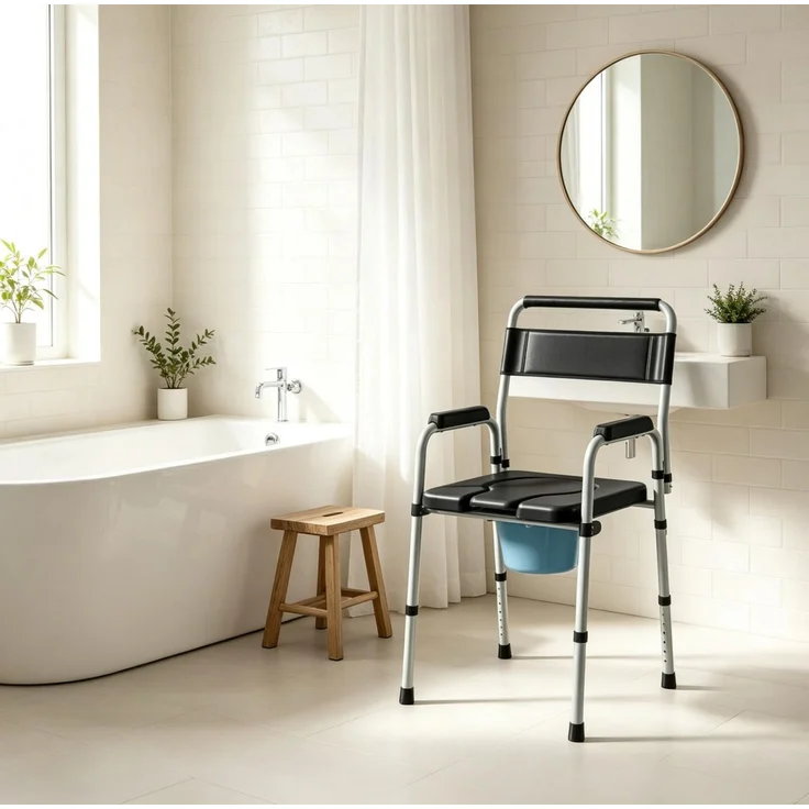 Toilettenstuhl aus Stahl und Kunststoff, klappbar und höhenverstellbar, 52,5x46x81,5–97 cm, Schwarz – Bild 1