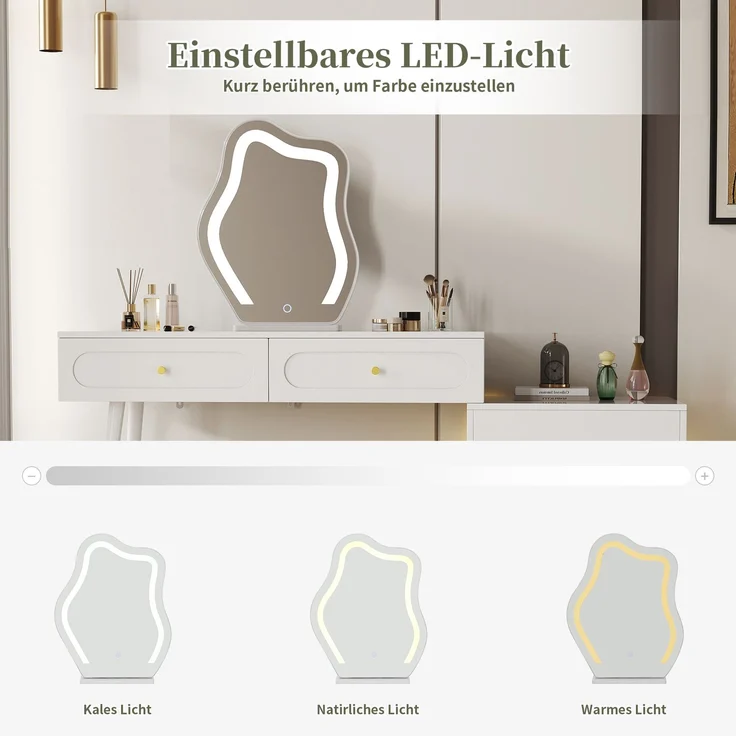 Abrihome Schminktisch mit LED, Weiß, 130x40x140 cm – Bild 3