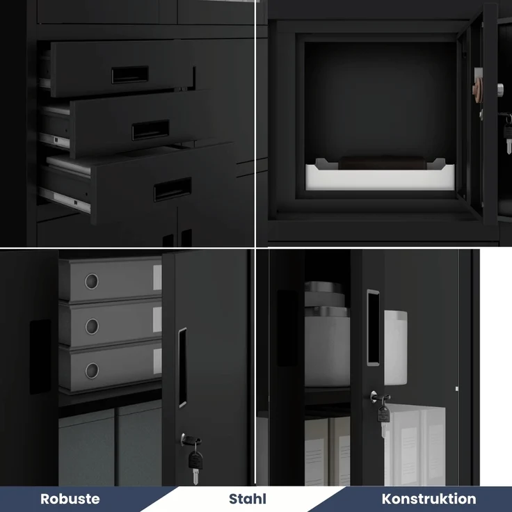 Vitrinenschrank abschließbar GEDO - mit Tresor & Schubladen| Büroschrank aus Stahl Aktenschrank mit Glasfenster Metallschrank Mehrzweckschrank, 185x90x40cm Schwarz – Bild 4