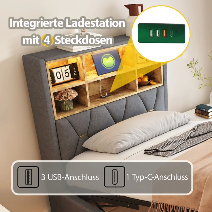 Kinderbett 90x200 cm mit LED, USB & Hydraulik-Stauraum, ohne Matratze, Leinen Grau – Bild 7