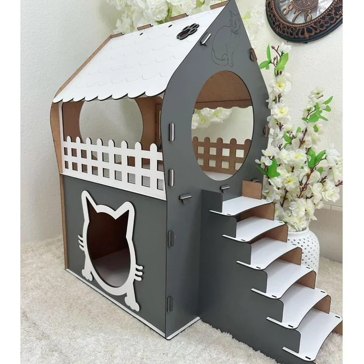 Jungengel Tierhaus Zweistöckiges Katzenhaus aus MDF – Anthrazit & Weiß – in XL, XXL, 3XL, Werkzeugloser Aufbau, Doppelgeschossig, Treppe, Balkon, Katzenöffnung – Bild 1