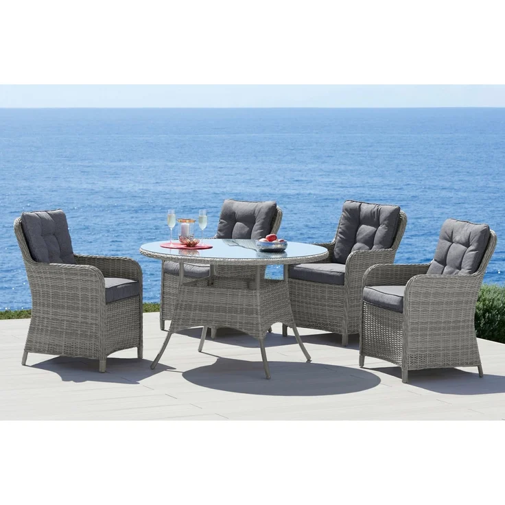 KONIFERA Garten-Essgruppe Menorca, (Set, 13-tlg, 4x Sessel, 1x Tisch ØxH: 120x75cm, inkl. Auflagen), Polyrattan, Aluminium, Tischplatte aus 5mm starkem Sicherheitsglas – Bild 2