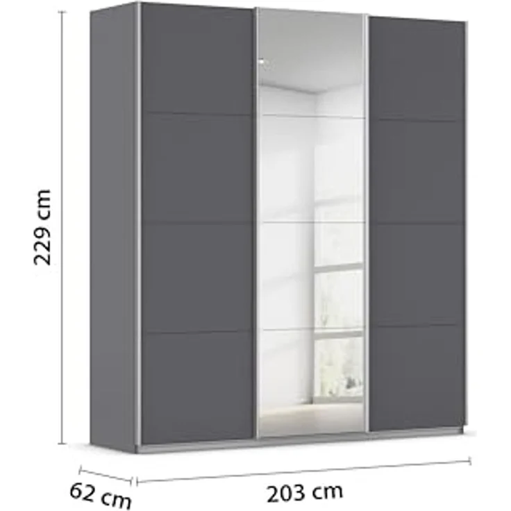 Rauch Möbel Kulmbach, Kleiderschrank mit Schwebetüren für Schlafzimmer, Kinderzimmer, Jugendzimmer, Garderobe, Flur, 3-türig, mit Spiegel, Zubehör Basic, Farbe Grau metallic, Schwarz, Breite 203 cm – Bild 3