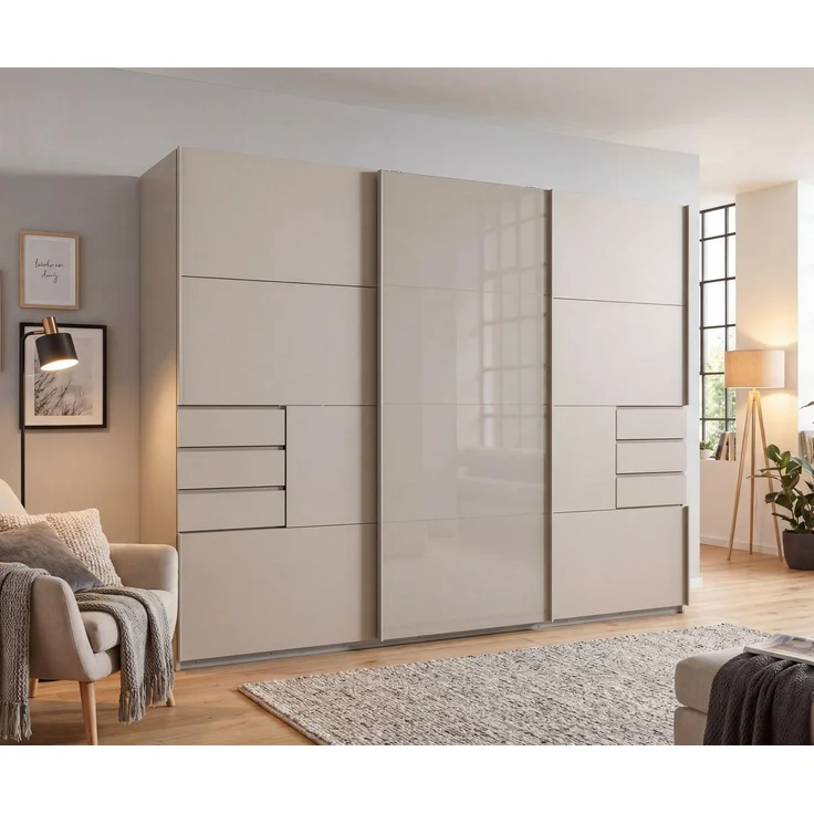 Schwebetürenschrank Kleiderschrank 3-trg 270 cm Beige Grau Glasfront Schubkästen – Bild 3