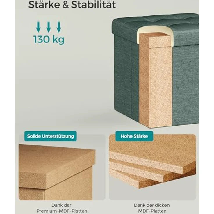 Songmics Sitzhocker mit Stauraum, kleine klappbare Sitzbank, 30x30 cm Fußbank, Aufbewahrungsbox, bis 130 kg belastbar, für Wohnzimmer Schlafzimmer Schlafsaal, vintagegrün LSF028C01 – Bild 5