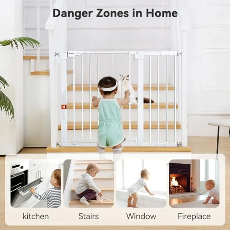 COMOMY 75-110cm Treppenschutzgitter Ohne Bohren, Türschutzgitter Auto Close, Türgitter für Baby, Kinder, Hund und Katze, Absperrgitter 90° Stop/ inkl. 3 Verlängerung (76cm Hoch, Weiß) – Bild 4