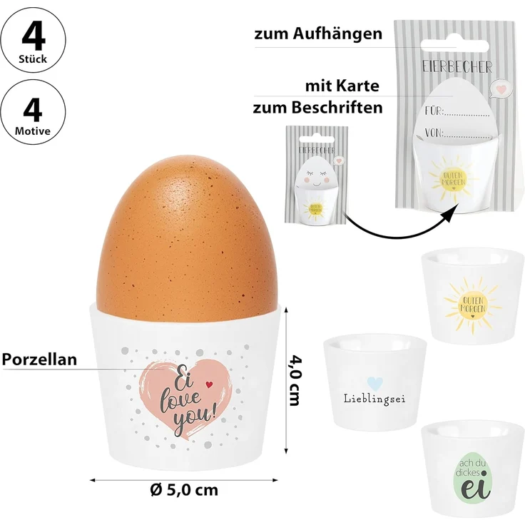 CEPEWA Eierbecher Eierbecher 4er Set 4 Motive Porzellan weiß 5x4cm Eierhalter Sprüche – Bild 2