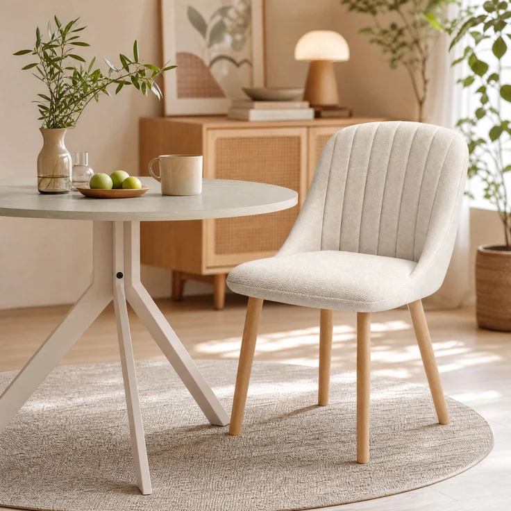 GOEURVANT 1001 Esstisch Set rund Ø 100 cm in Travertin-Optik weiß, Küchentisch mit 4 eleganten Stühlen in Beige – Bild 2