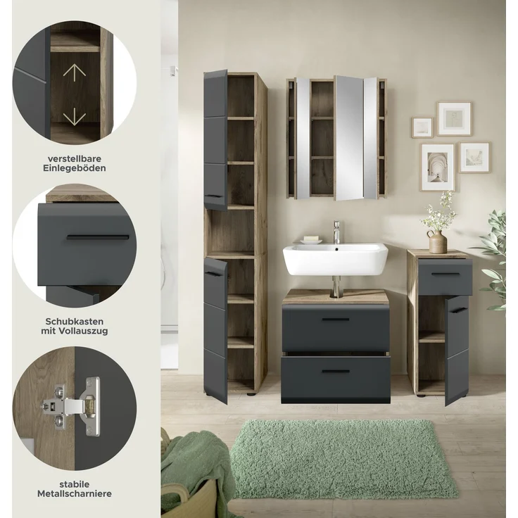 Badkombination (B/H/T: 150x185x30 cm) in schwarz matt und Nox Oak Nachbildung – Bild 7