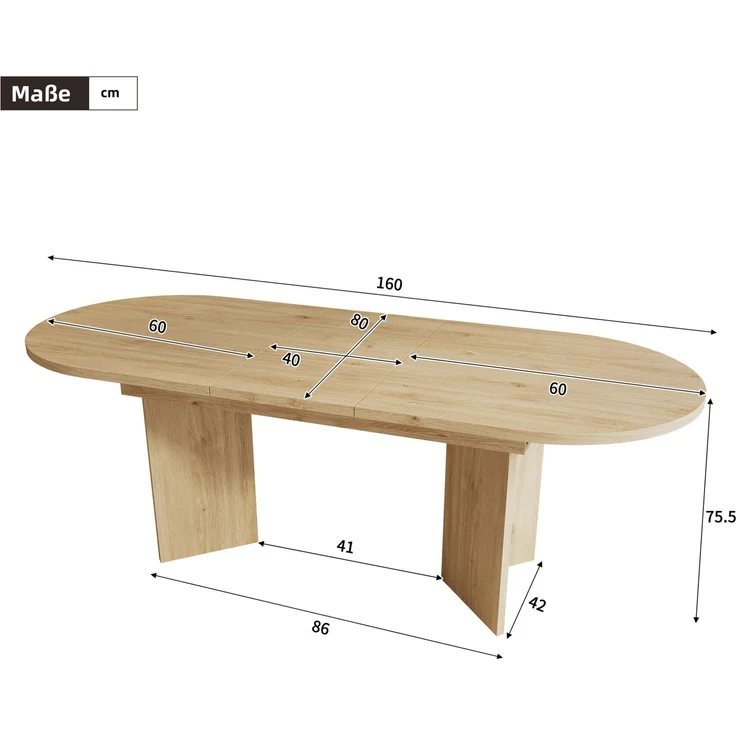 Esstisch, MDF ausziehbar mit abgerundeten Ecken, 120/160x80 cm, Eiche – Bild 5