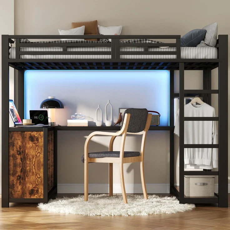 U-life Metall-Hochbett, Etagenbett, Loftbett, 140x200 cm, für Schlafzimmer, Jugendzimmer, kleine Wohnungen, mit integriertem Arbeitsbereich, LED-Beleuchtung, USB-Anschlüssen, viel Stauraum, offenem Kleiderschrank, sicherer Treppe, MDF + Metall, modern,... – Bild 1