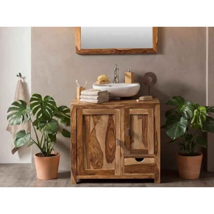 Waschtisch 80cm Akazie Massivholz braun Woodkings Laros Waschtischunterschrank Waschbeckenunterschrank Badmöbel 80x75x45 cm – Bild 1