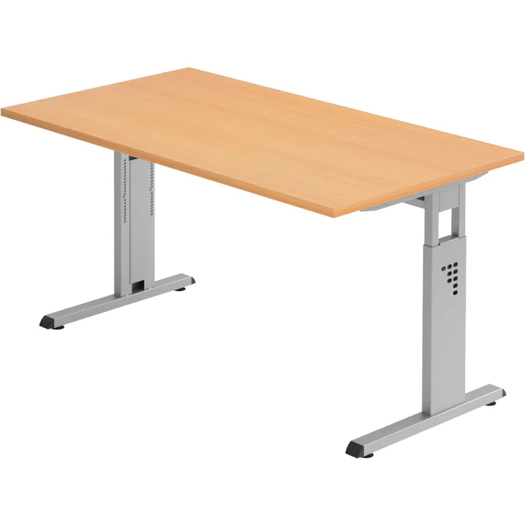 bümö höhenverstellbarer Schreibtisch O-Serie 140x80 cm in Buche, Gestell in Silber - PC Tisch für's Büro manuell höhenverstellbar, Computertisch verstellbar, OS-14-6-S