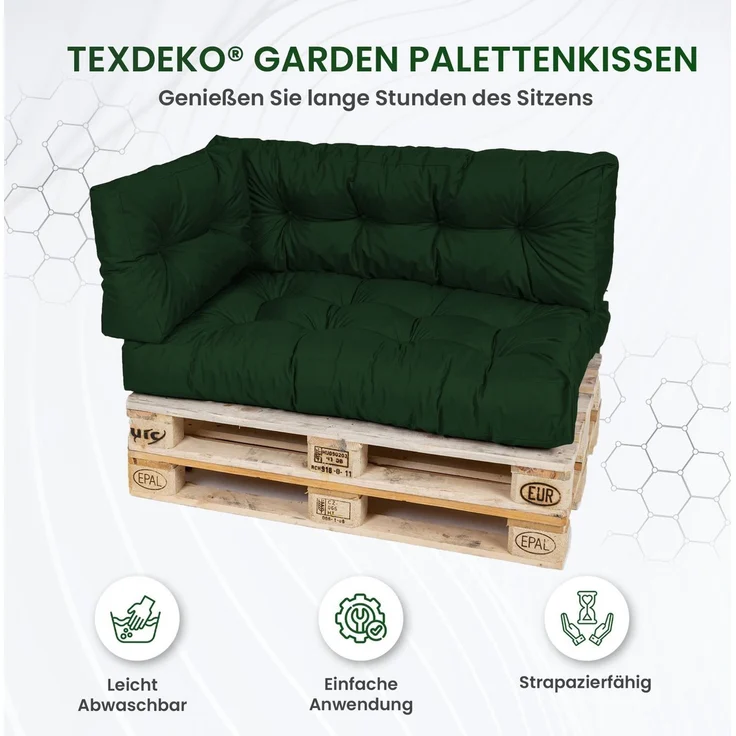 TexDeko® Garden Palettenkissen 120 x 80 x 18 cm wasserabweisend UV - beständig In- & Outdoor Premium Sitzkissen gesteppt Palettenauflage für Europaletten (7-TLG Set, Dunkelgrün) – Bild 2
