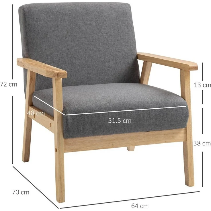 HOMCOM Relaxsessel Loungesessel mit Armlehnen in Leinenoptik (Esszimmerstuhl, 1-St, Ohrensessel), Grau, 64 x 70 x 72 cm – Bild 2