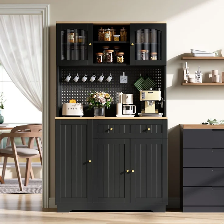 ZUBALIYA Vitrinenschrank mit Tür / Küchenschrank, mit verstellbaren Einlegeböden und lochblech, Schwarz, 103.5 x 40 x 180 cm, fürs Kinderzimmer, mit Schubladen, mit Stauraum – Bild 3