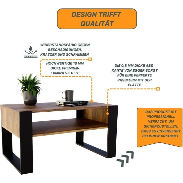 CraftPAK Couchtisch Wohnzimmer Tisch für Couch - mit zusätzlicher Ablagefläche – Bild 2
