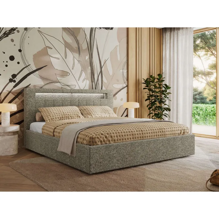 Polsterbett GOLD 5 CLASSIC 180 x 200 cm mit LED-Beleuchtung & Bettkasten, Doppelbett inkl. Lattenrost, Metall-Lift-System & Stauraum, Multipocket Matratze - Grau Struktur - ELORI LUX