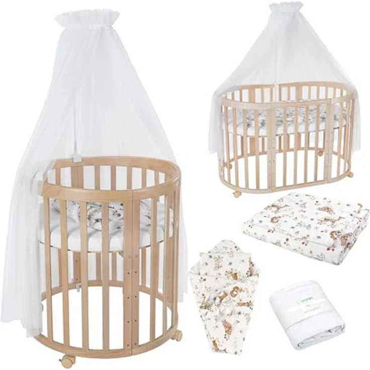 Waldin Oval Baby-Bett Mitwachsend Komplett Set 7in1, Gitterbett, Kinderbett mit Matratze, Wickelkommode, Beistellbett, Holz Natur, Stoffe Weiß Tiere – Bild 1