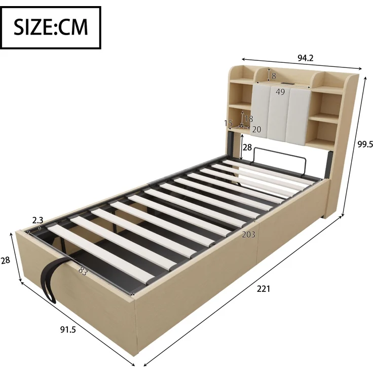 Holzbett 90 x 200 cm, Hydraulisches Bett, Kopfteil mit Stauraum, Ausgestattet mit USB- und Tape-C-Steckdose, Einzelbett, Jugendbett, Holzfarbe (ohne Matratze) – Bild 5