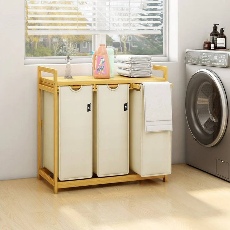 AdelDream Wäschekorb Wäschekörbe mit Bambusrahmen, 150 l, 3 Fächer – Bild 4