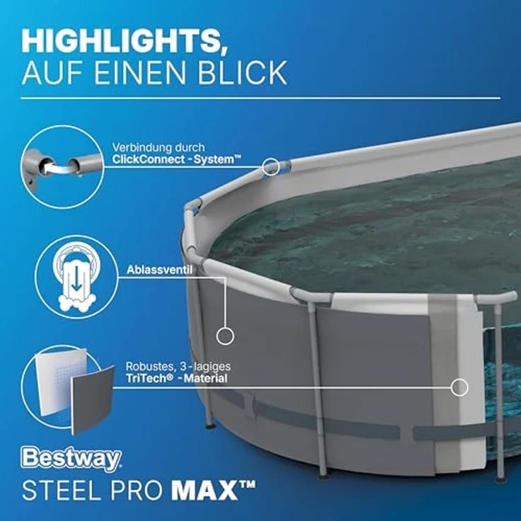 Bestway 56620 Steel Steel Pro MAX™ Frame Pool Set mit Filterpumpe 427 x 250 x 100 cm , grau, oval – Bild 7