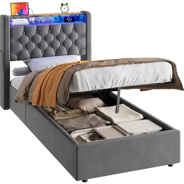 MODFU Polsterbett mit Bettkasten, Holland-Velours, LED, USB/Type-C und Ablage im Kopfteil, 90x200 cm – Bild 6