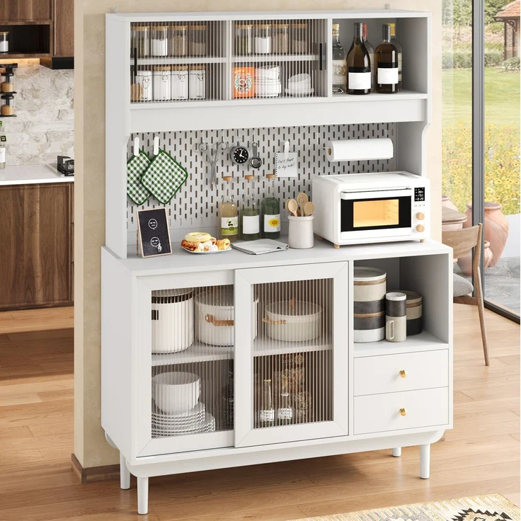 Küchenbuffet 117x30x170 cm mit Riffelglas-Schiebetüren, Schubladen und offenen Fächern – Bild 1