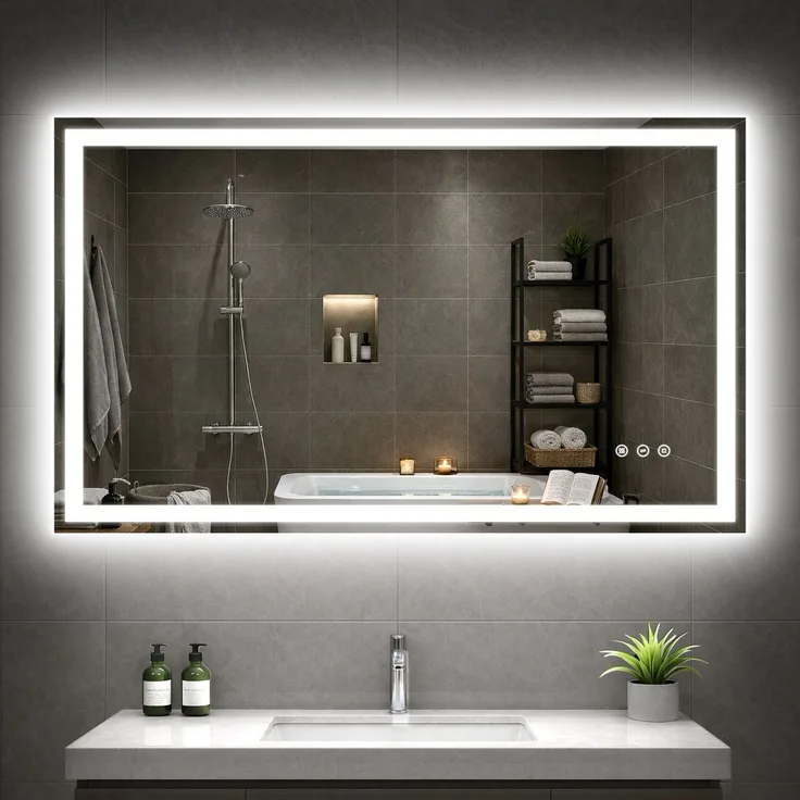 GIMBELEN LED Badezimmerspiegel 100x60 cm, beleuchteter Wandspiegel, Anti-Beschlag, 3 Lichtfarben, dimmbar, Memory-Funktion, HD-Glas 4 mm, IP44, horizontal/vertikal montierbar, Aluminiumrahmen, Schwarz