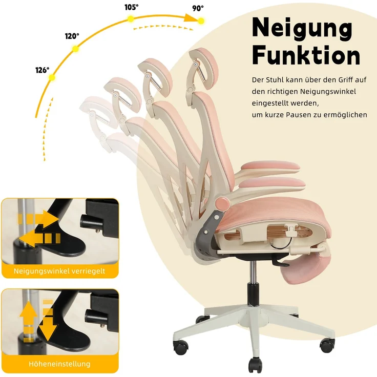 Klappbarer ergonomischer Bürostuhl, kleiner Platz-Klappstuhl mit Taillenstütze, Ganznetzschiebekissen, klappbare Armlehnen, 3D-Kopfstützen und Bürostuhl mit Arbeitspedalen,pink--Rosa--129x48.5x62cm--YOUDENOVA – Bild 7